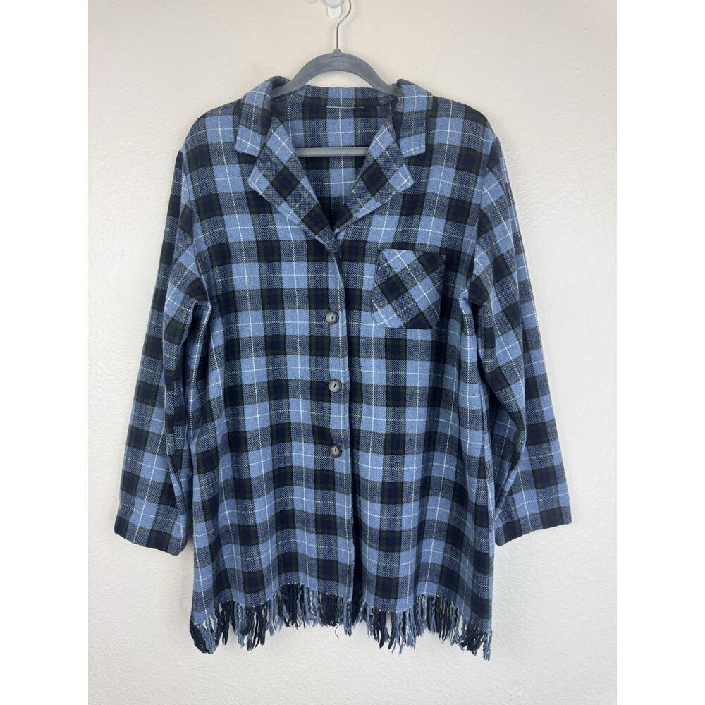 Women’s Vintage Rustic Fringe Flannel Plaid Blanket Shacket Jacket Navy Blue L
